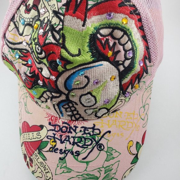 VTG Ed Hardy Snapback Trucker Hat Love Kills Slowly Skull Bird Roses Rhinestones - Picture 2 of 6